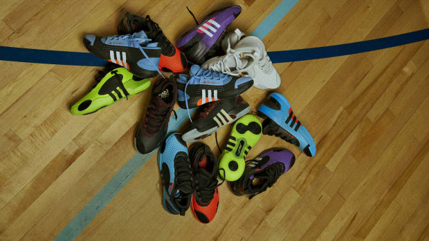 A pile of Donovan Mitchell's multicolor basketball shoes.